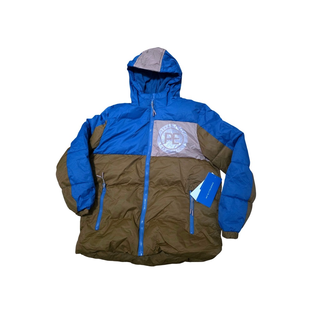Perry Ellis Boys Colorblock Hooded Puffer Jacket Blue Brown Size 10-12